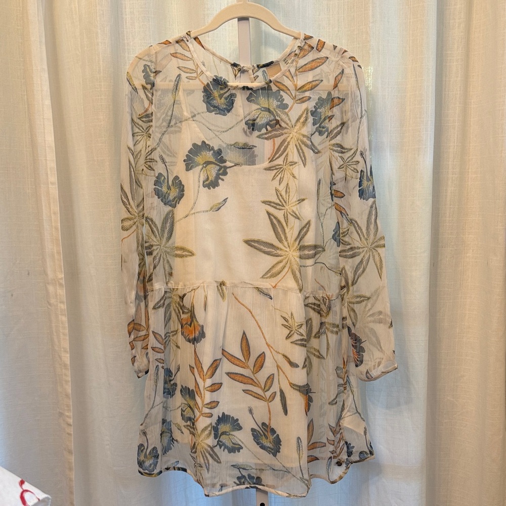 Roxy Sheer Long Sleeve Dress with Floral and Leaf Patterns